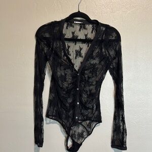 Free People Sheer Black Lace Bodysuit